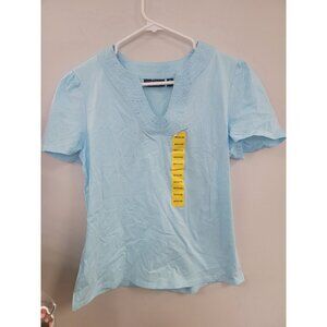 Rafaella Womens Light Blue Cotton Short Sleeve Top With Embroidered V-Neckline &